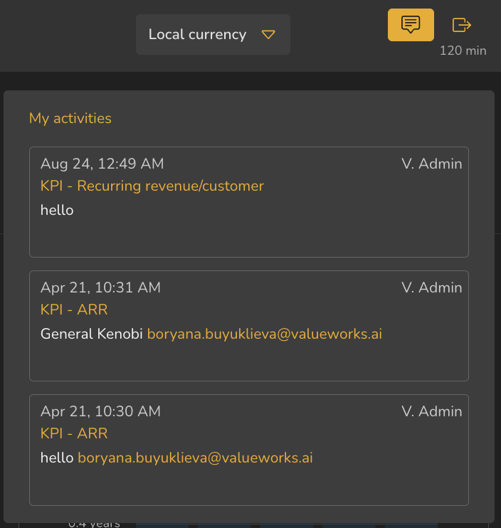 The My activities panel open from the top bar, listing three comments each showing a timestamp, the KPI name, the comment text and the author.