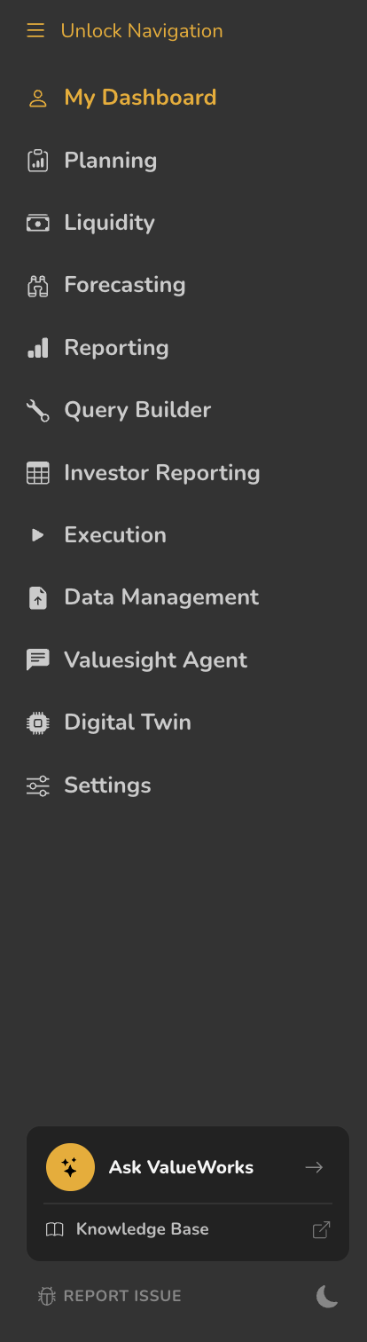 The ValueWorks left navigation listing twelve areas, with Ask ValueWorks and Knowledge Base at the bottom.