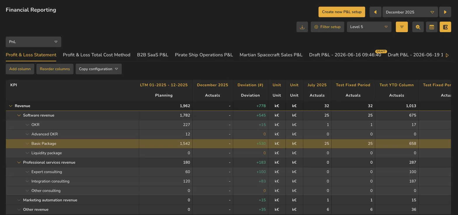 Screenshot 2.6.1: Add column, Reorder columns, Copy configuration, Column name, Data type beneath it.