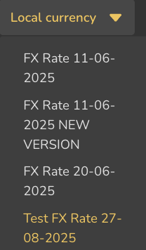 The currency selector open, listing Local currency above four named exchange-rate versions, two of which carry the same date.