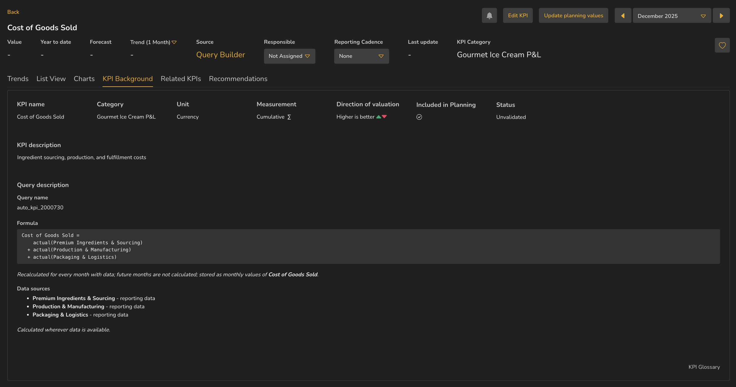 The KPI Background tab for Cost of Goods Sold, with Source reading Query Builder, and a Query description section giving the query name, formula, data sources and a note on how it recalculates.