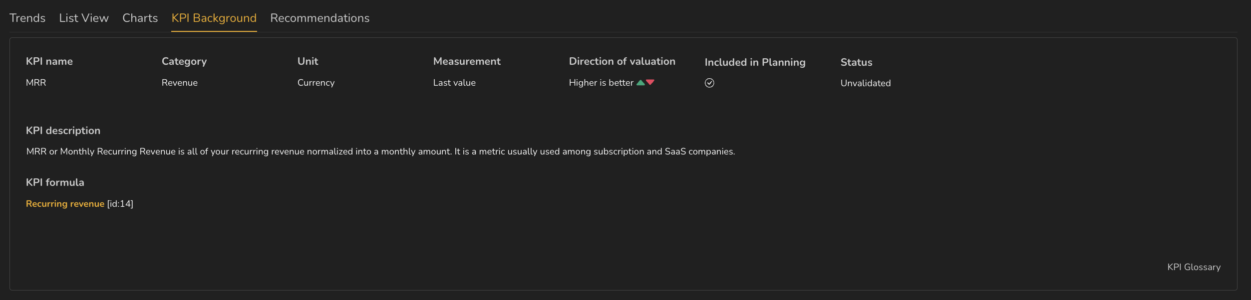 The KPI Background tab for MRR showing KPI name, Category, Unit, Measurement, Direction of valuation, Included in Planning and Status, above a KPI description and KPI formula.