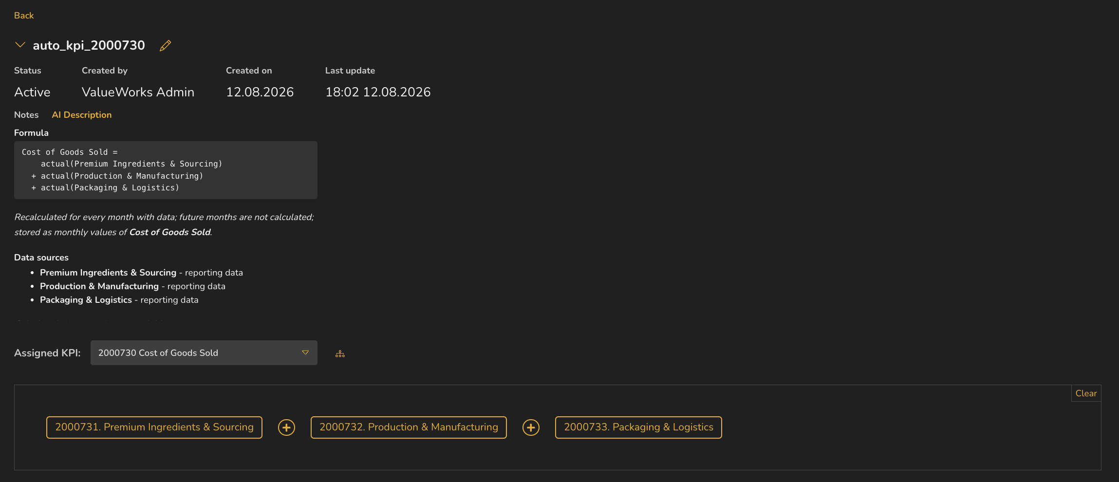 A query with its header expanded, showing Status, Created by, Created on and Last update, and the Notes and AI Description tabs with the formula, a recalculation note and the data sources.